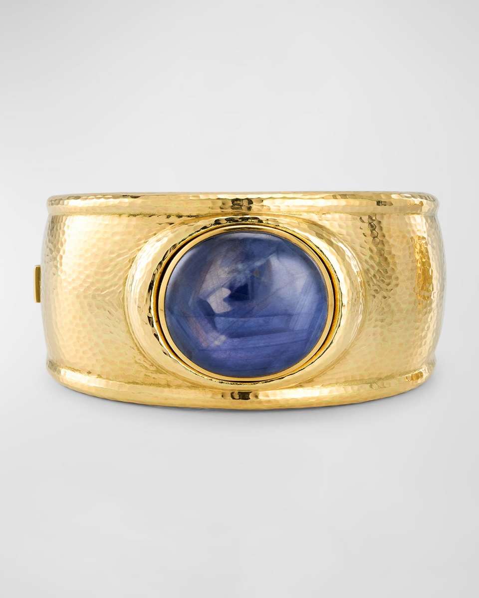 Estate De Vroomen 18K Yellow Gold Cabochon Sapphire Wide Hammered Bangle